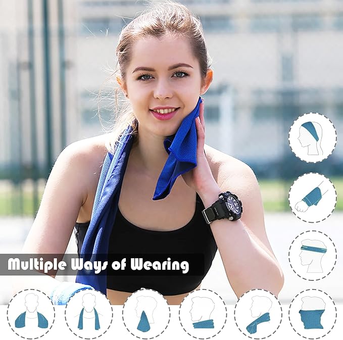 10 Pack Cooling Towels Bulk Microfiber Ice Towel Quick Dry Breathable Chilly Sweat Towel Stay Cool Towel for Neck Face Yoga Gym Workout Running Beach with Carabin Bag, 40x12'', Dark Blue