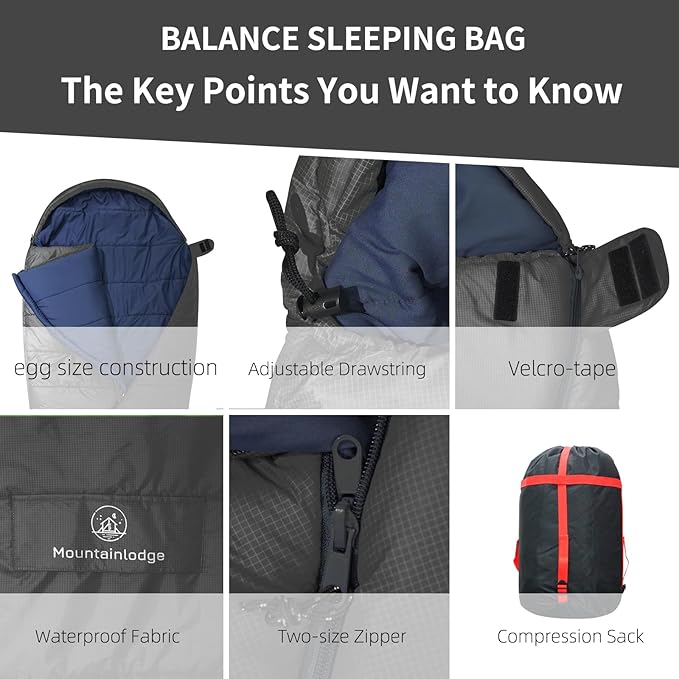 Mountainlodge Balance Sleeping Bag for Adult,Cold&Warm Weather with Compression Sack and Water Resistant for Family Camping,Travel and Car Camping