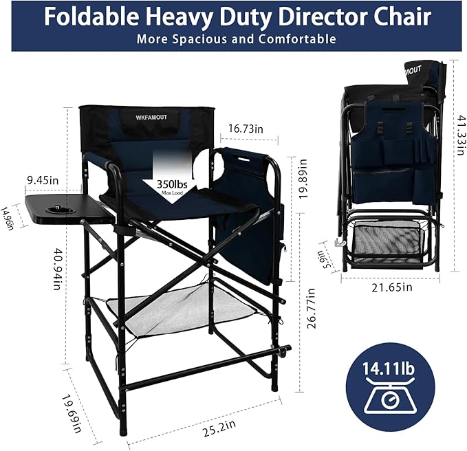 Tall Folding Directors Chair with Side Table 26.77" Seat Height Foldable Camping Chair Bar Stool for Makeup Artist Face Painting with Footrest and Storage Pocket Supports 350LBS