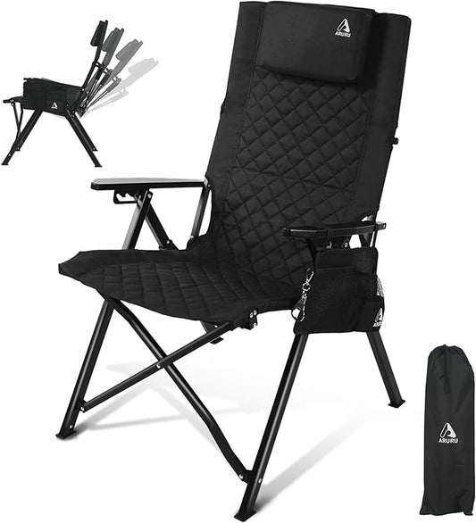 Reclining Camping Chair, Heavy Duty Folding Chairs with 4-Stage Adjustable High Back for Adults, Compact Foldable Outdoor Patio Reclining Chair with Storage Bag (Black)