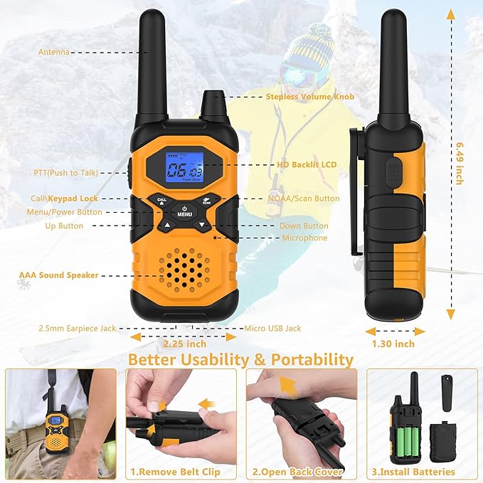 2 Way Radios for Adults Long Range Walkie-Talkies Rechargeable 4 Pack, Multi-purpose NOAA Walkie Talkies with USB 4500mAh Battery for Family Senior Care Working Adventure Camping Hiking Cruise
