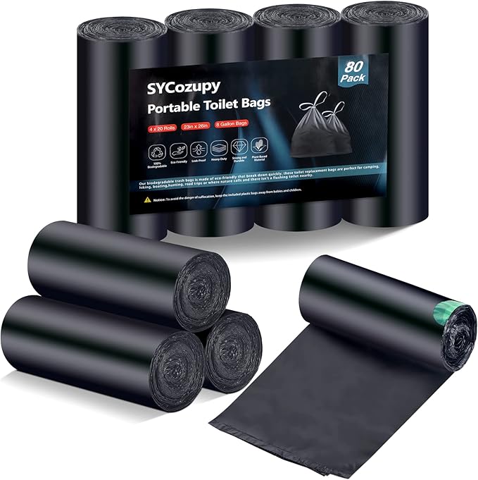 Portable Toilet Bags,8 Gallon Drawstring Trash Bags 80 Counts for Compostable Trash Bags for Outdoor Car Camping