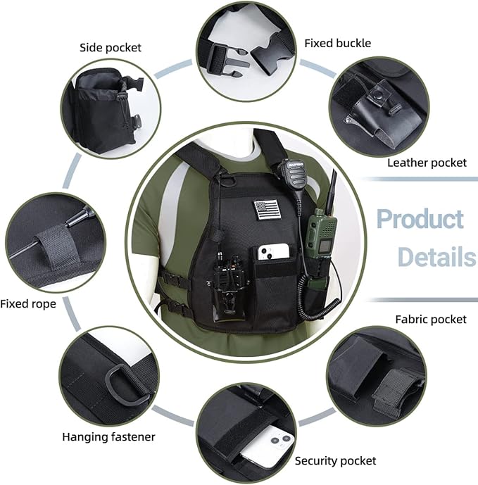 Heavy Duty Radio Harness Holder Tactial Chest Tool Pag Front Pounch Holster Pack MOLLE Vest Breathable 3D Mesh Liner Military Vest for Baofeng UV5R Motorola Kenwood Two Way Radio Walkie Talkie
