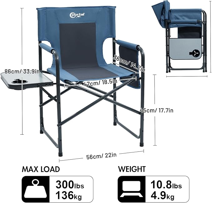 PORTAL Directors Chair Camping Chairs for Adults with Side Table Folding Lawn Chairs for Adults, Directors Chairs Foldable for Outdoor Chairs for Beach, Travel, Heavy Duty Supports 300LBS, Blue/Grey