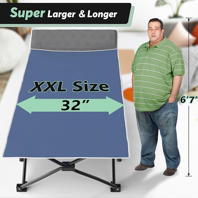 Slendor Oversized XXL Camping Cot, Folding Cot for Adults, 79" L x 32" W x 19" H Sleeping Cot with Mattress, Carry Bag, Camp Cot Bed for Travel, Guest, Support 500lbs, Blue Cot+ Grey Pad