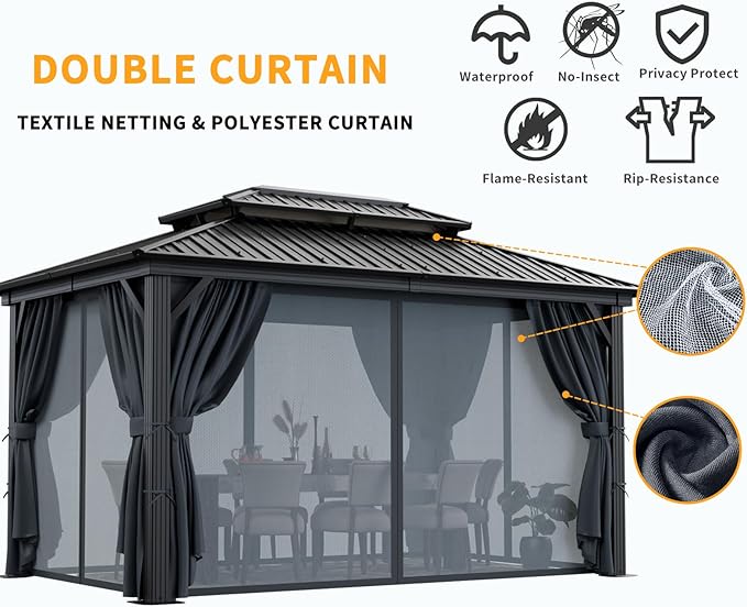 HOTEEL 10x12 Hardtop Gazebo on Clearance with Heavy Duty Galvanized Steel Double Metal roof,Aluminum Frame,Patio Gazebo with Curtains and Netting,Outdoor Permanent Pavillon for Backyard,Black