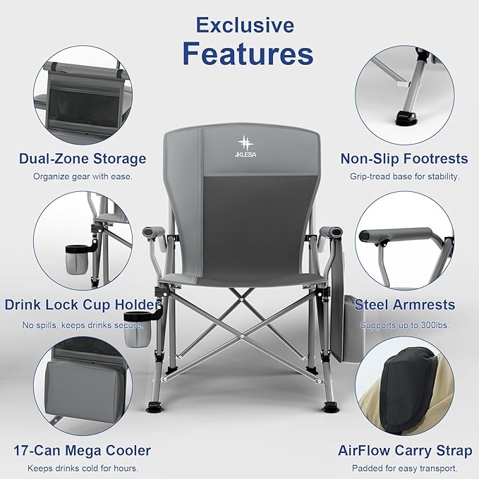 XL Heavy Duty Camping Chair 396lb Capacity (525lb MAX) - Waterproof 1680D Oxford - Oversized 2" Thick Padded Seat with Cup Holder & Cooler - Portable for Camping, Beach, Tailgating Slate/Black