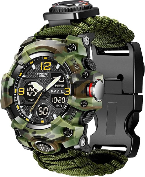 23-in-1 Survival Military Digital Watch, Mens Tactical Multi-Functional and Adjustable Wristband Outdoors Waterproof Sports Dual Dial Watches with Compass Paracord Band