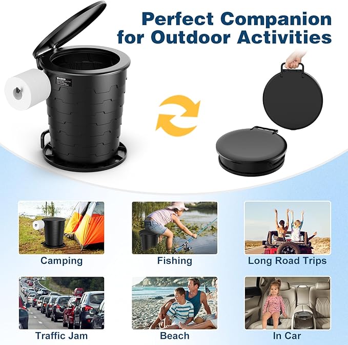 Portable Toilet for Adults, Retractable Porta Potty for Camping with Toilet Paper Holder and Lid, Foldable Toilet Adjustable Height for Camping, Hiking, Fishing, RV Travel, Road Trips