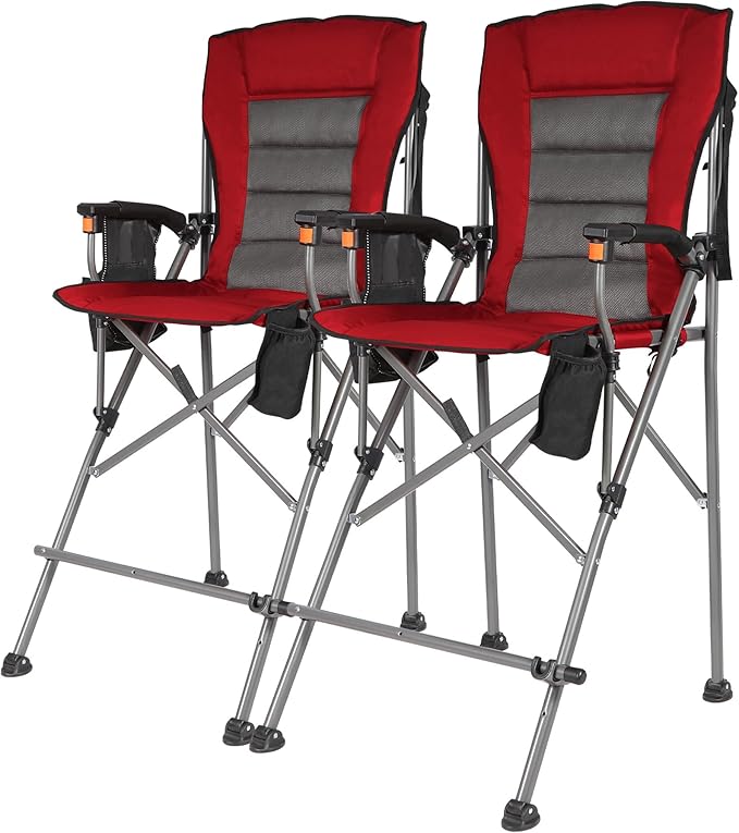Extra Tall Folding Chairs for Adults 2 Pack, Portable Bar Height Foldable Director Chairs for Camping Outside, Comfortable with Makeup Pocket, High Back and Footrest,Red