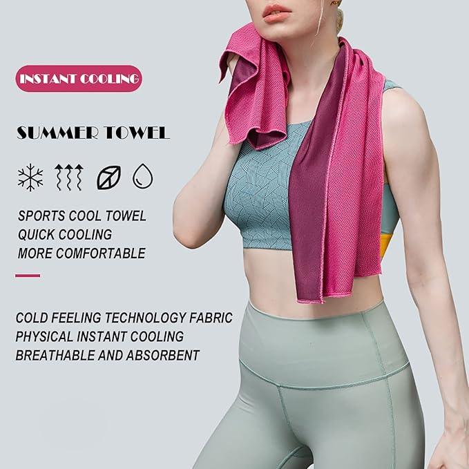 10 Pack Cooling Towels Bulk Microfiber Ice Towel Quick Dry Breathable Chilly Sweat Towel Stay Cool Towel for Neck Face Yoga Gym Workout Running Pilates Beach with Carabin Bag, 40x12'', Rose