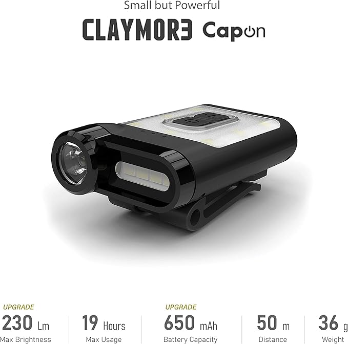 Claymore Capon 65A+ (Tan) - LED Rechargeable Clip-On Cap Headlamp, Lightweight Hat Light for Camping, Running, Hiking, Emergency & Industrial Use, Waterproof, USB-C, Up to 19 Hours of Battery Life.