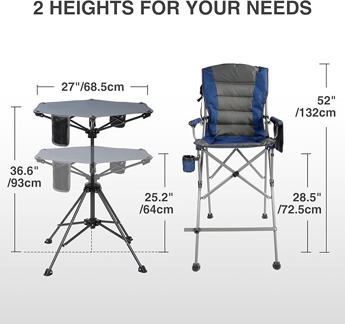 Extra Tall Folding Chairs & Adjustable Height Folding Table Set, Portable Outdoor Bar Table & Foldable Director Chairs with High Back and Storage Bag for Backyard,Beach,Travel