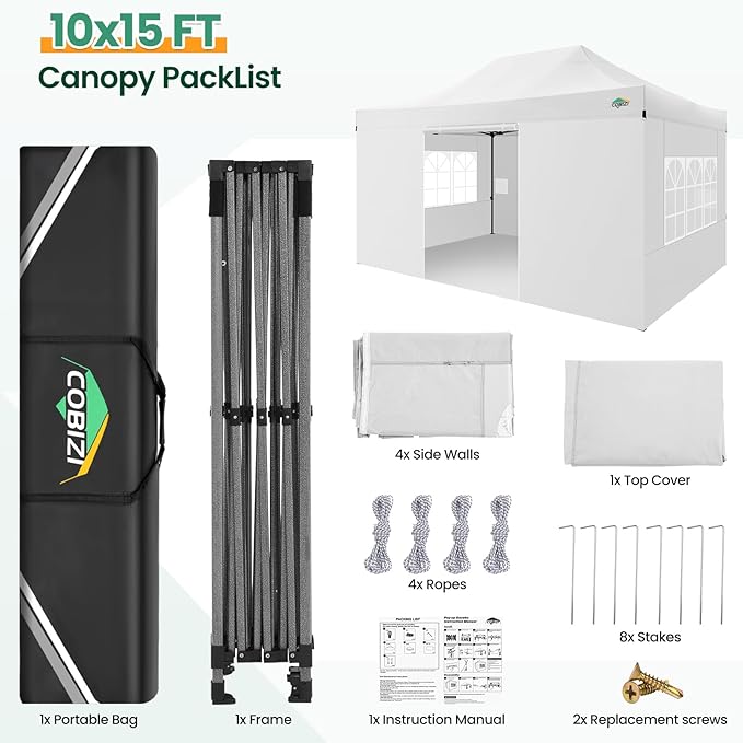 COBIZI 10x15 Heavy Duty Pop up Canopy Tent with 4 sidewalls Commercial Outdoor Canopy Wedding Party Tents for Wedding All Season Wind & Waterproof Gazebo with Carry Bag, White(Frame Thickened)