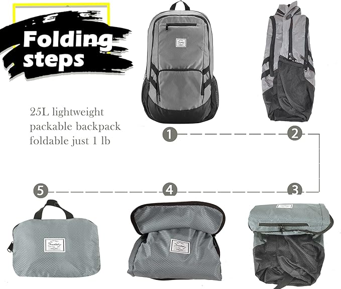 25L Lightweight Packable Backpack Handy Water Resistant Foldable Bag for Travel Camping Outdoor (Gray)