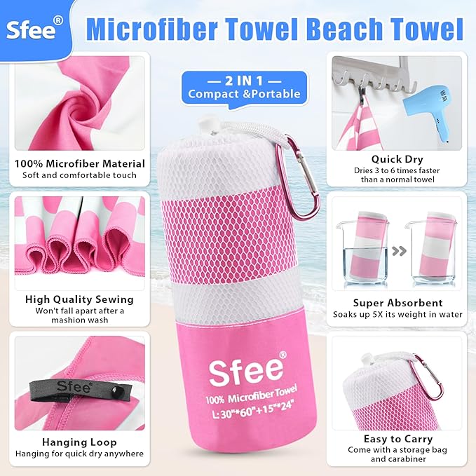 Sfee 2 in 1 Microfiber Beach Towel, Quick Dry Towel Camping Towel Travel Towel Super Absorbent Compact Lightweight Sports Towel Gym Towel Set for Beach, Gym, Hiking, Pool, Backpacking, Bath, Yoga