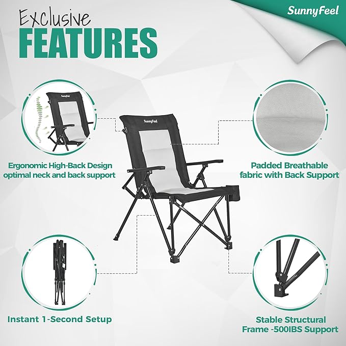 SUNNYFEEL Ergonomic High Back Camp Chair - 500lbs Heavy Duty Folding Chair, UV-Resistant Portable Camp Chair with Hard Armrests, Cup Holder& Bag for Outdoor, Basebal, Travel, Sports, Hiking, Fishing