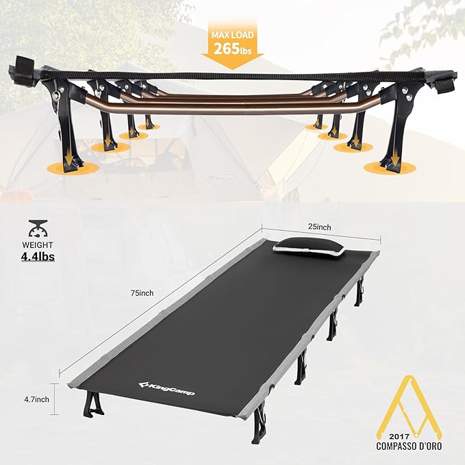 KingCamp Camping Cot, Folding Portable Heavy Duty Ultralight Cots for Adults Camping Tent Hiking Backpacking Mountaineering Travel Indoor Outdoor Indoor Base Camp with Pillow, Support 265 Lbs