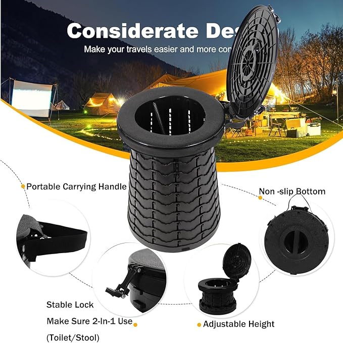 ALEVMOOM 19.7" XXL Portable Toilet for Camping 3-in-1 Travel Stool with Lid Adjustable Waterproof Foldable Collapsible 880Lbs Load Capacity for Traffic Jam/Fishing/Hunting/Hiking/Boating