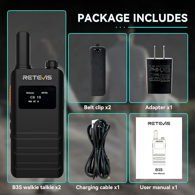 Retevis B3S Walkie Talkies,Portable Two-Way Radios with LCD Screen,Emergency Alarm,1620mAh Battery, Handsfree Walkie Talkie for Family Outdoor Trip (2 Pack)