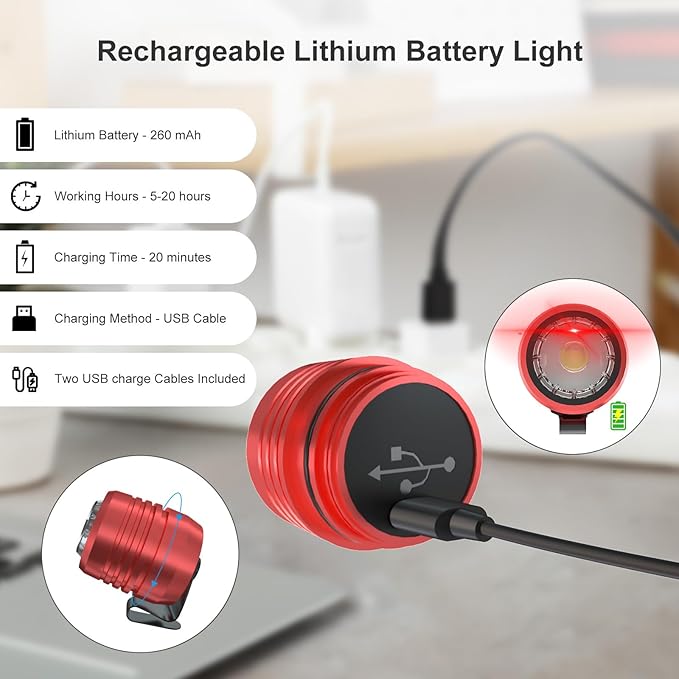 2 Rechargeable Headlights for Croc Charms, Flashlight Attachment Accessories Kids Girl Boy Women Men Sandals, Clip on Clog Headlamp Shoe Decoration Charms, Red