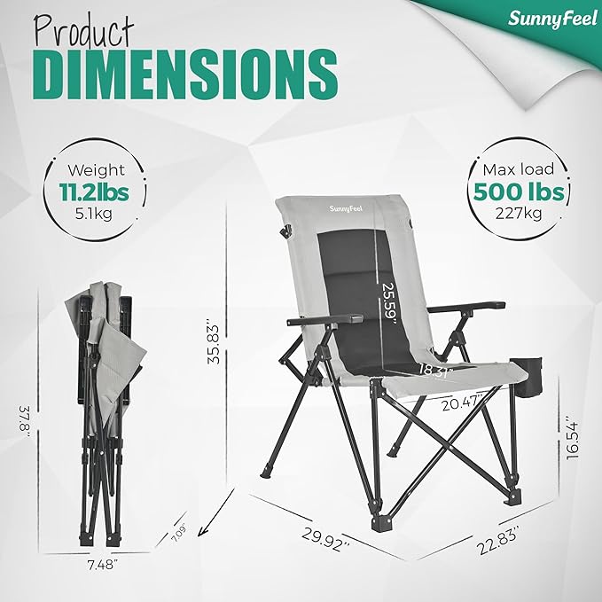 SUNNYFEEL Ergonomic High Back Camp Chair - 500lbs Heavy Duty Folding Chair, UV-Resistant Portable Camp Chair with Hard Armrests, Cup Holder& Bag for Outdoor, Basebal, Travel, Sports, Hiking, Fishing