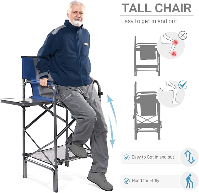 EVER ADVANCED Tall Folding Chair 30.7" Seat Height Directors Chair High Foldable Bar Stool for Makeup Artist Face Painting with Side Table Cup Holder and Storage Pocket Supports 350LBS (Blue/Grey)