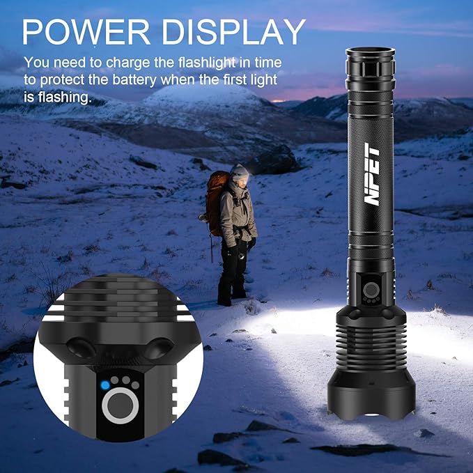 NPET XHP70 LED Flashlight USB Rechargeable Tactical Flashlight, Super Bright 2000 Lumens Zoomable Flashlight Camping, Hiking, Home, Outdoor and Emergency, with Waterproof and Shock Resistant