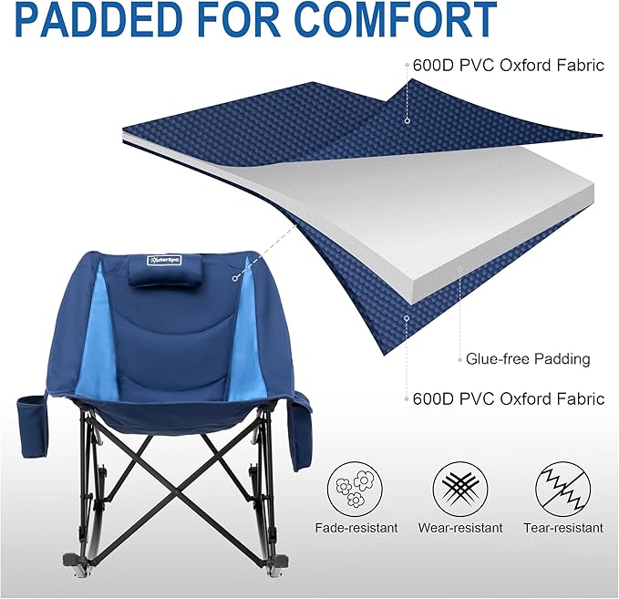 Rocking Camping Chair, Heavy Duty, High Back Oversized Portable Folding Chair with Side Cup Holders, Pocket for Beach, Fishing,Trip,Picnic,Lawn,Concert Outdoor Foldable Camp Chairs, Blue