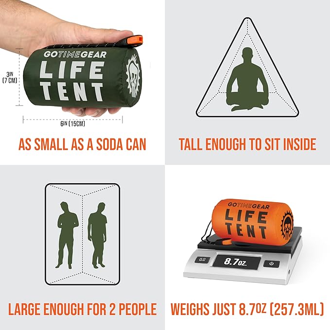 Go Time Gear Survival Life Tent • 2 Person Mylar Emergency Shelter Tube Tent + Paracord • All-Weather Protection for Camping, Hiking, & Survival Kits • Includes Emergency Whistle