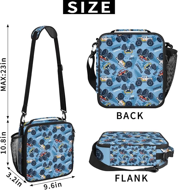 Blue Monster Truck Kid Lunch Bags with Shoulder Strap Insulated Lunch Boxes for Boy Girls Waterproof Thermal Cooler Tote Bag Portable Picnic Bag for School Work Outdoor Gifts