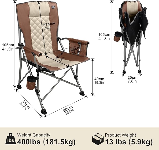 Folding Padded Camping Chair with Hard Armrest,Cup Holder,Heavy Duty for Adults,Paded Backrest,Portable Lawn Lightweight Outdoor Camp Chair,Support up to 400lbs