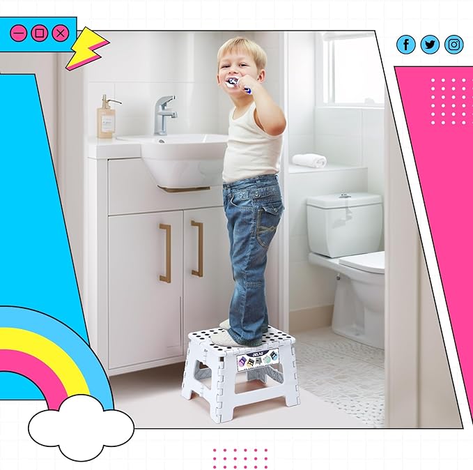 Delxo 9 Inch Folding Step Stool,White Step Stools for Kids Foldable,Portable Collapsible Step Stool with Handle, Folding Stool for Kitchen Bathroom,Bedroom,Garden