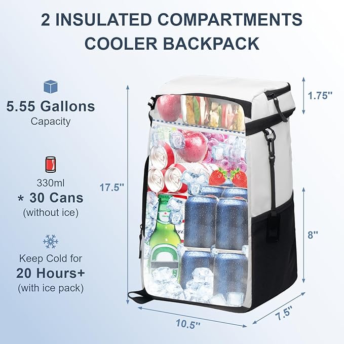 Backpack Cooler Insulated Leak Proof 30/45 Cans, 2 Insulated Compartments Thermal Bag, Portable Lightweight Beach Travel Camping Lunch Backpack for Men and Women