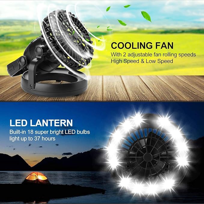Odoland Bundle - 2 Items Portable LED Camping Lantern & Portable Misting Fan with Light & 250mL Water Tank