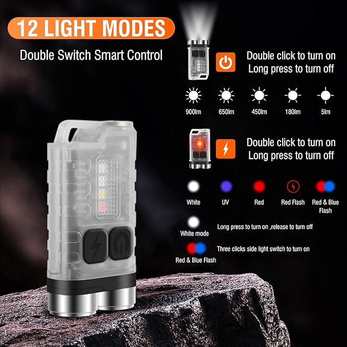 E3 Small EDC Powerful Flashlight Brightest 900 Lumens, Rechargeable Mini Keychain Flashlights 10 Modes with UV Red Blue Light, Magnetic Flash Light IP65 Waterproof