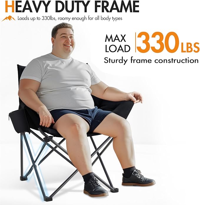 Portal Oversized Padded Camping Chair - Heavy Duty Folding Chair with Cup Holder & Side Pocket, Supports 330 lbs, for Camping, Lawn, Sports, Black