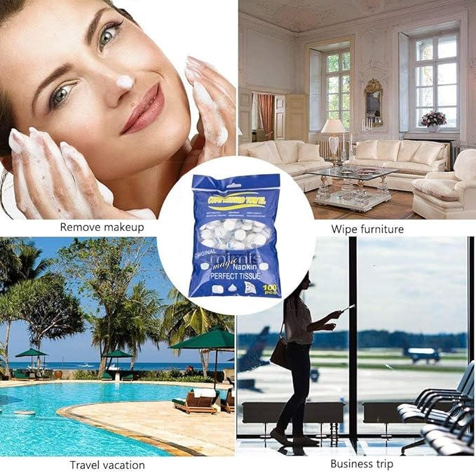 100 PCS Compressed Towel, Mini Tablets Disposable Portable Face Towel Cotton Coin Tissue for Travel, Camping, Hiking, Sport, Beauty Salon, Home Hand Wipes and Other Outdoor Activities