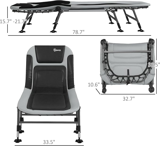 Outsunny Camping Cot for Adults, Folding Bed with Soft Padded Cushions & Headrest, 180° Adjustable Reclining Lounger, Heavy Duty and Portable with a 400 lbs. Capacity, Gray