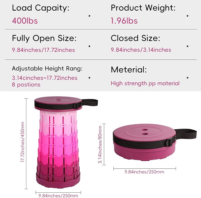 Upgraded Collapsible Stool, 400lbs Max Load. Portable Retractable Folding Telescoping Stool for Camping, Fishing, Hiking & Travel, Ideal for Adults (Purple)