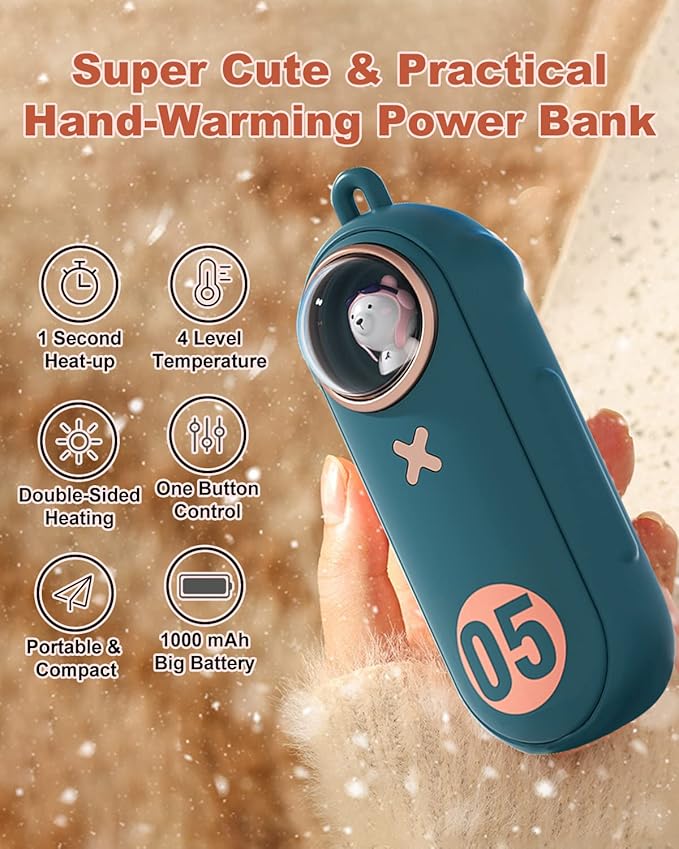 Portable Hand Warmer Electric Fast Warming Up Power Bank, 10000mAh Rechargeable Hand Warming 4 Heat Levels Double-Sided Heating, Cute Pocket USB Handwarmer for Outdoors Hunting Camping