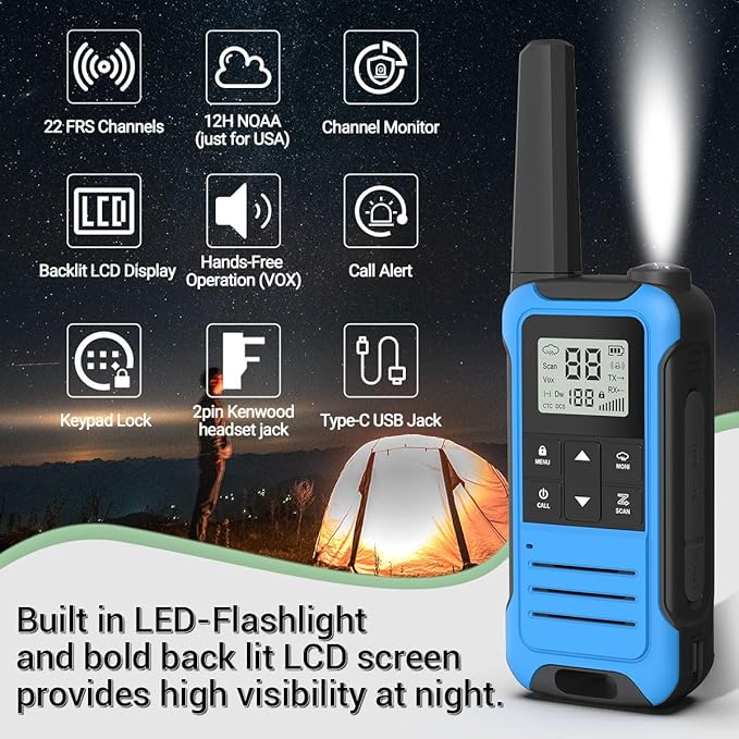 Walkie Talkies Long Range walkie talkie for Adults with 22 Channels FRS Radio for Kids VOX Scan LCD Display with LED Flashlight for Field, Survival Biking Hiking Cruise Ship Camping (no battery)