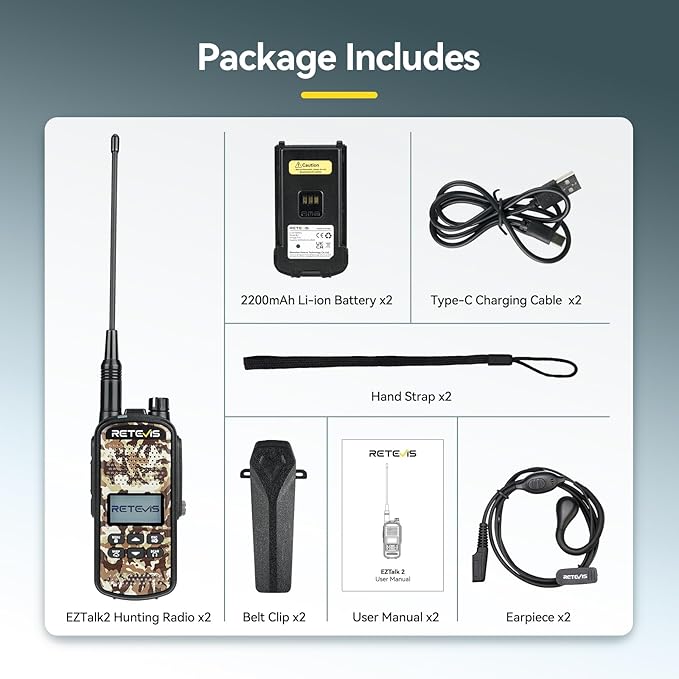 Retevis EZTalk 2 GMRS Two Way Radio, Walkie Talkie for Adults with Headsets, IP67 Waterproof Walkie Talkies, 2200mAh, Whisper, NOAA, Long Range Hunting Radios, 2 Way Radio for Hunting 2 Pcs
