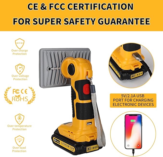 YEX-BUR 2000LM LED Work Light for Dewalt 20V Battery, 18W LED Floodlight Flashlight with USB-A Fast Charging Port for Jobsite, Car Repairing, Camping, Emergency