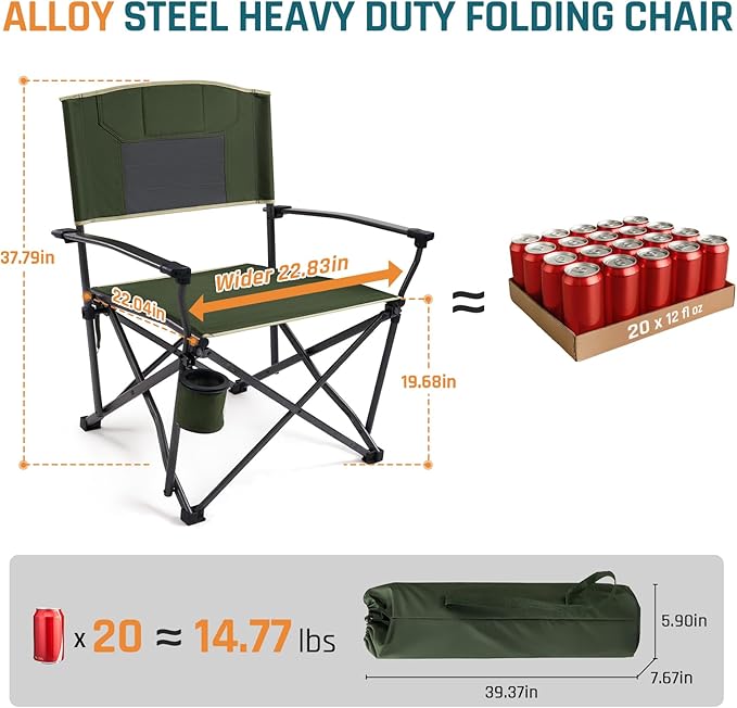 Oversized Folding Camping Chairs for Adults Heavy Duty Camp Chair Support 400 LBS Steel Frame Metal Arm Lawn Chairs with Swivel Cup Holder & Hollow Backrest Extra Large Outdoor Chairs Green