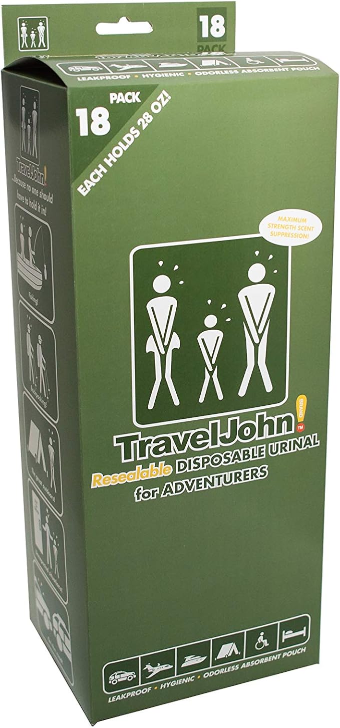 Adventurer Resealable Disposable Urinal for All Genders, Adults, and Children (18 Pack) Designed for Emergencies, Travel, Camping, Long Car Rides, and More - 28oz/800ml Capacity (TJ1C)