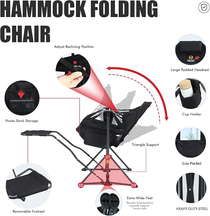 Nice C Heated Hammock Camping Chair with Footrest, Heated Camping Chair with Battery, Rocking Swing Chairs, Hammock Chairs with Stand, Heavy Duty (2, Heat Black W/Footrest)