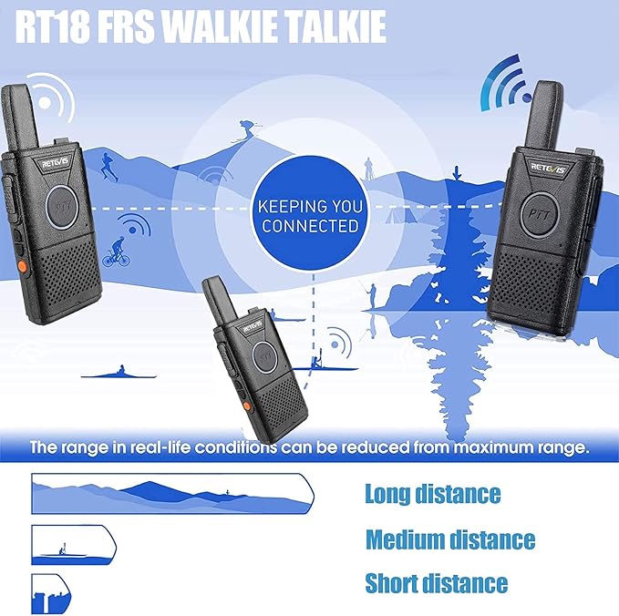 Retevis RT18 Rechargeable Walkie Talkies,Portable FRS Two-Way Radios,Dual PTT,Metal Clip,Small Mini Walkie-Talkie for Seniors Skiing Gift Family Camping Elderly(2 Pack)