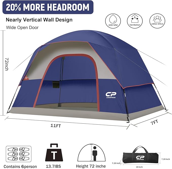 CAMPROS CP Tents for Camping 4 Person Tent Waterproof Windproof Double Layer Camping Tent, Easy Setup Dome Tent with Large Mesh Windows & Wider Door for Outdoor Camping & Hiking