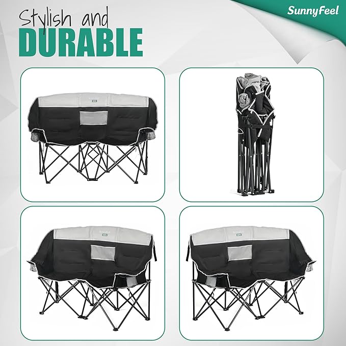 SUNNYFEEL Heated Double Camping Chair, Oversized Folding Loveseat Chair, Heavy Duty Portable/Foldable Lawn Chair for Beach/Outdoor/Travel/Picnic, Fold Up Camp Chairs for Adults 2 People